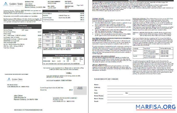 Realistic USA Golden State Water Company utility bill template in Word and PDF formats, 2 pages
